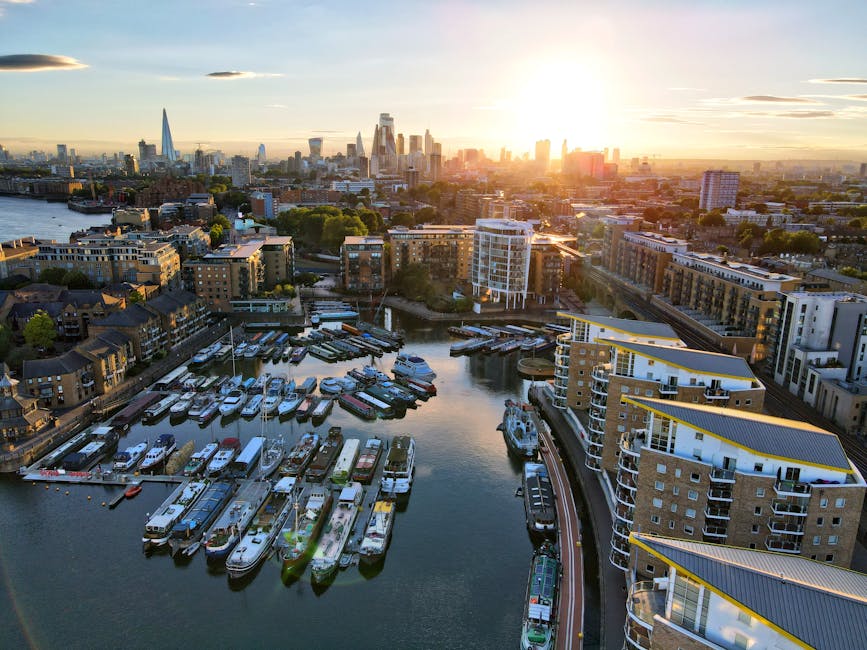 Aerial view of Royal Victoria Dock during sunset, showing a marina filled with numerous boats and yachts docked along wooden piers. Surrounding the water are modern residential and commercial buildings, some with balconies and flat rooftops. In the background, London's skyline is visible with tall skyscrapers, including The Shard, under a sky with scattered clouds and warm sunlight. The scene captures the urban environment typical of Canning Town, with the dock area in the foreground. This image reflects the urban setting and waterfront environment associated with house removals and furniture transport, as provided by Man with Van Canning Town during home relocation and moving logistics.